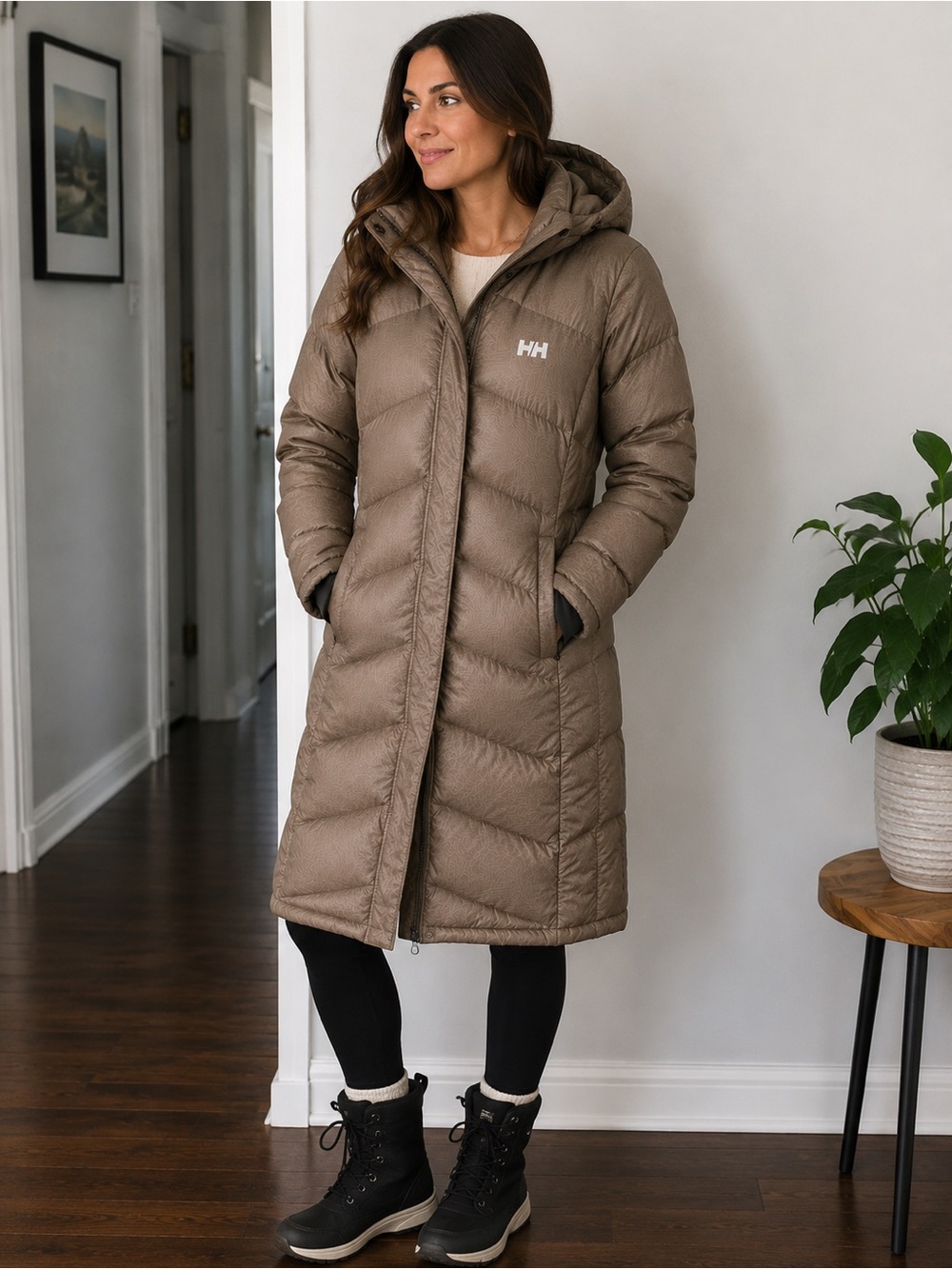 Helly Hansen Taupe Hooded Long Down Puffer Coat
